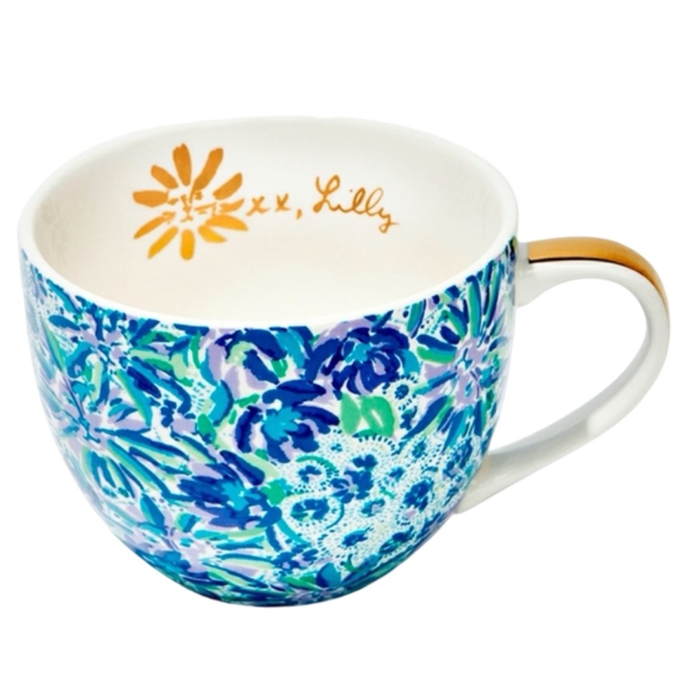 Set of 2 Lilly Pulitzer Mug Cup 12 Oz Floral Blue Gold Handle Hidden Lion - Picture 3 of 11